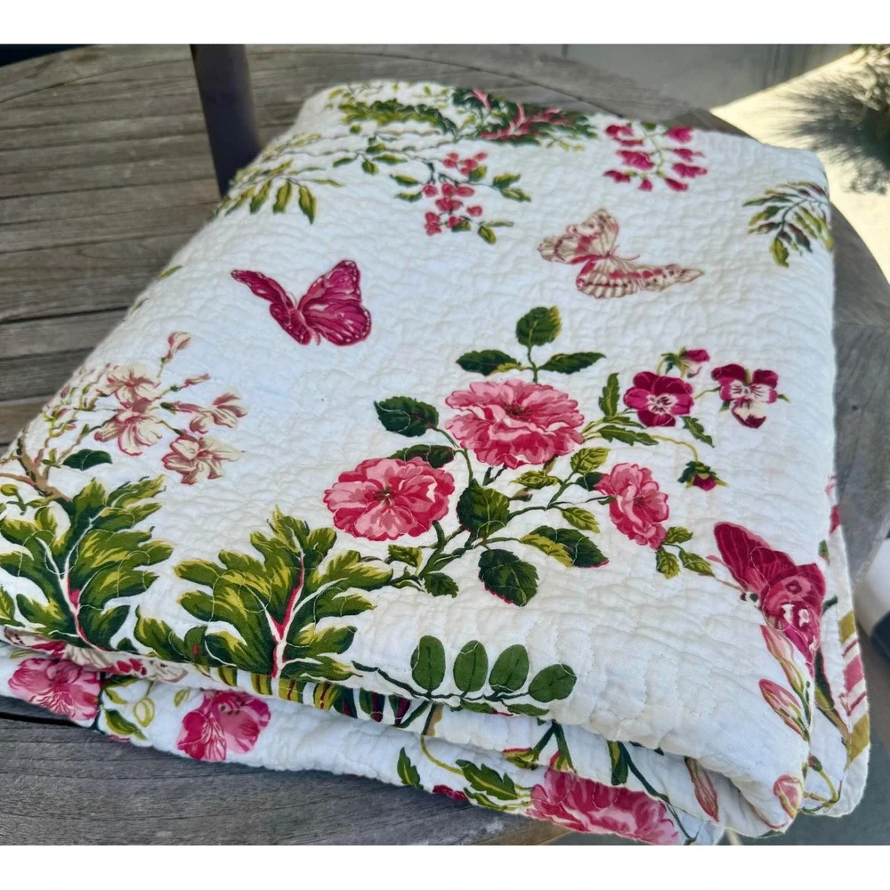 Floral Butterfly Quilted Throw Blanket Reversible Pink Rose Striped Twin White